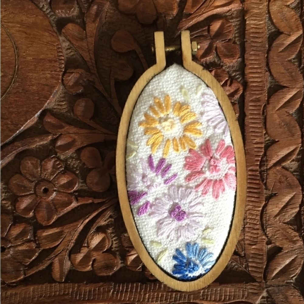 Hand Embroidered floral cottagecore necklace wooden Path Less Raveled homemade